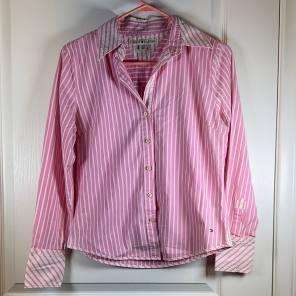 Tommy Hilfiger White Pink Button Stripe Down Blouse Size Med GUC #5907